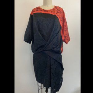 KENZO Paris 1980's Drop Waist Blouson Asymmetrical Dress Black/Red Sz. 42/M